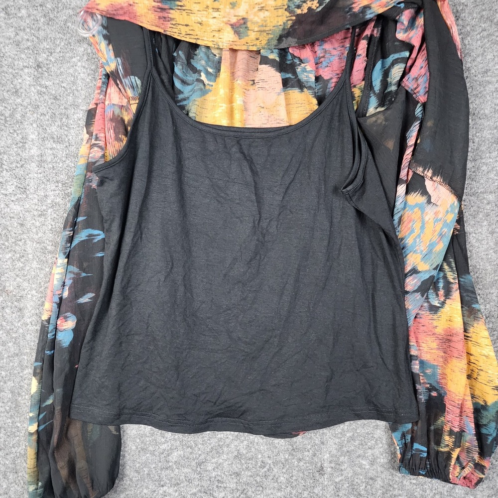 Rachel Zoe Blouse Womens Medium Multicolor Abstract Ruffle Neck Sheer Boho Top - Picture 10 of 11